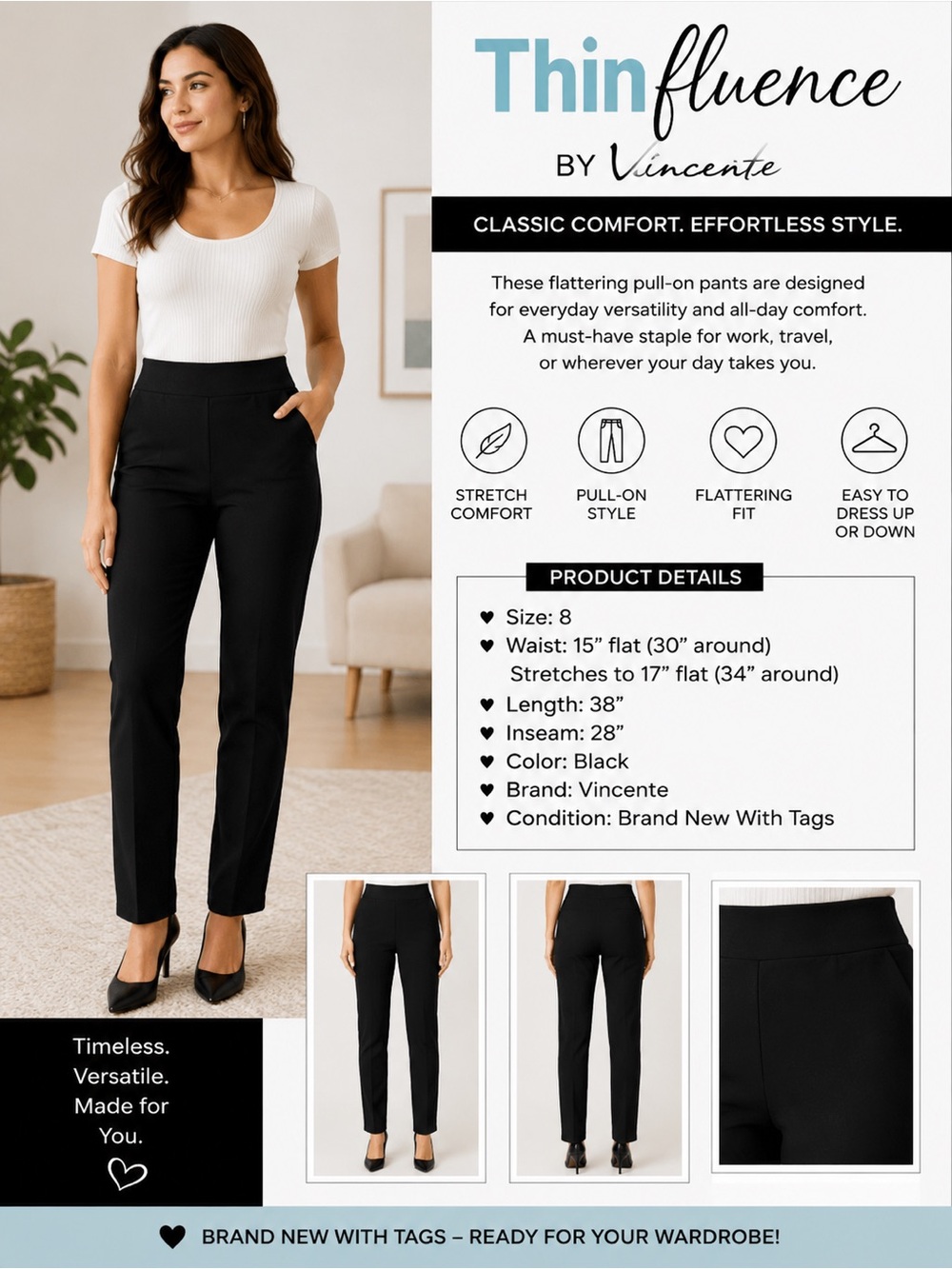 NWT Thinfluence by Vincente Black Pull-On Stretch Pants Womens Size 8